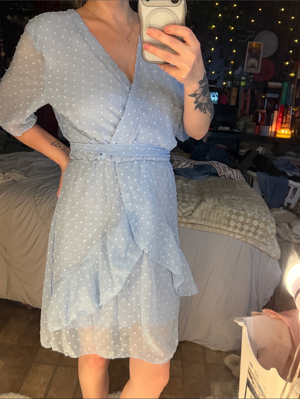 Light Blue Swiss Dot Wrap Dress - Women's